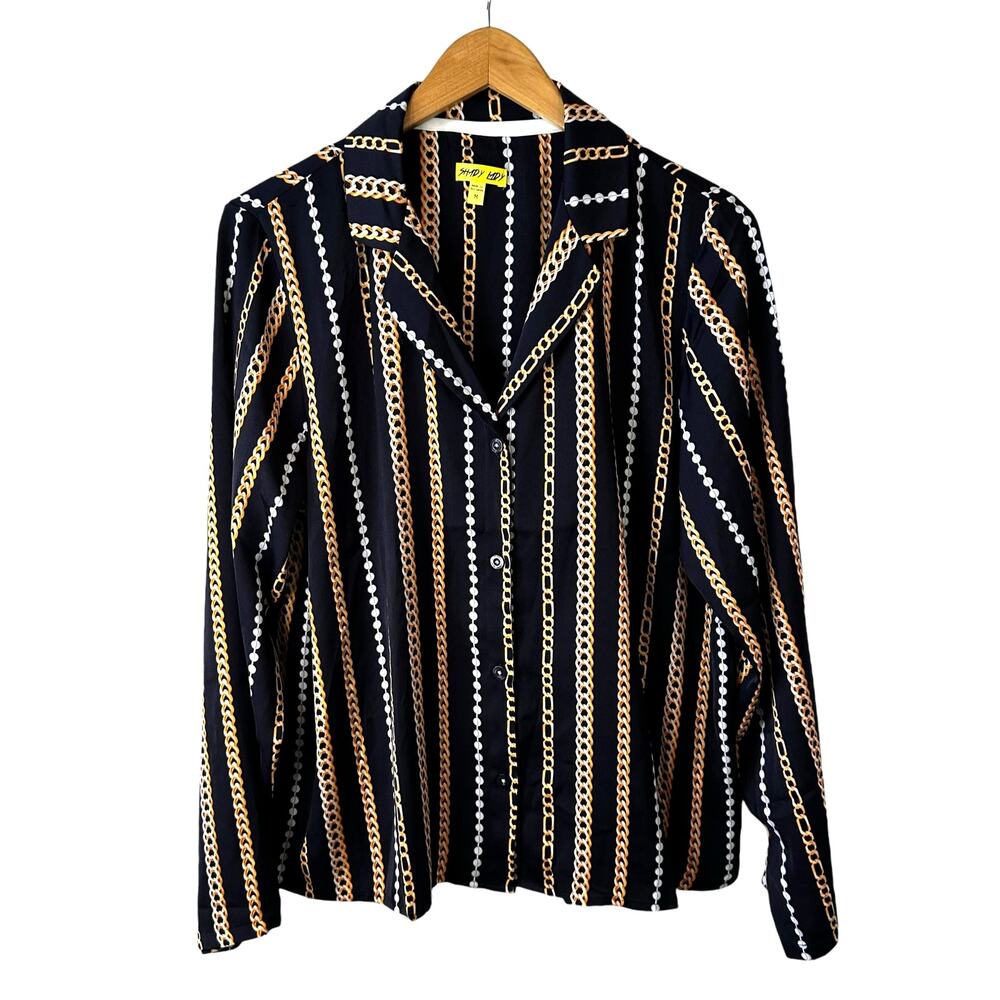 Shady Lady New Women's Chain Print Long Sleeve Button Up Blouse Top Black Medium
